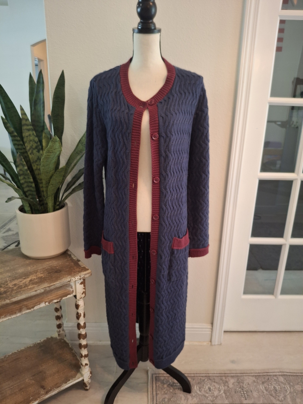 J. Peterman Navy Knit Long Cardigan with Burgundy Trim